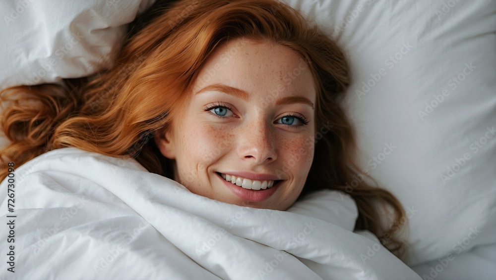 Close-up of a smiling redhead woman with blue eyes and freckles, wrapped in a white duvet, lying in bed. Close-up of a smiling redhead woman with blue eyes and freckles, wrapped in a white duvet, lying in bed.