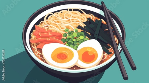 Bowl of noodle with chopsticks and egg. illustration - Generative AI