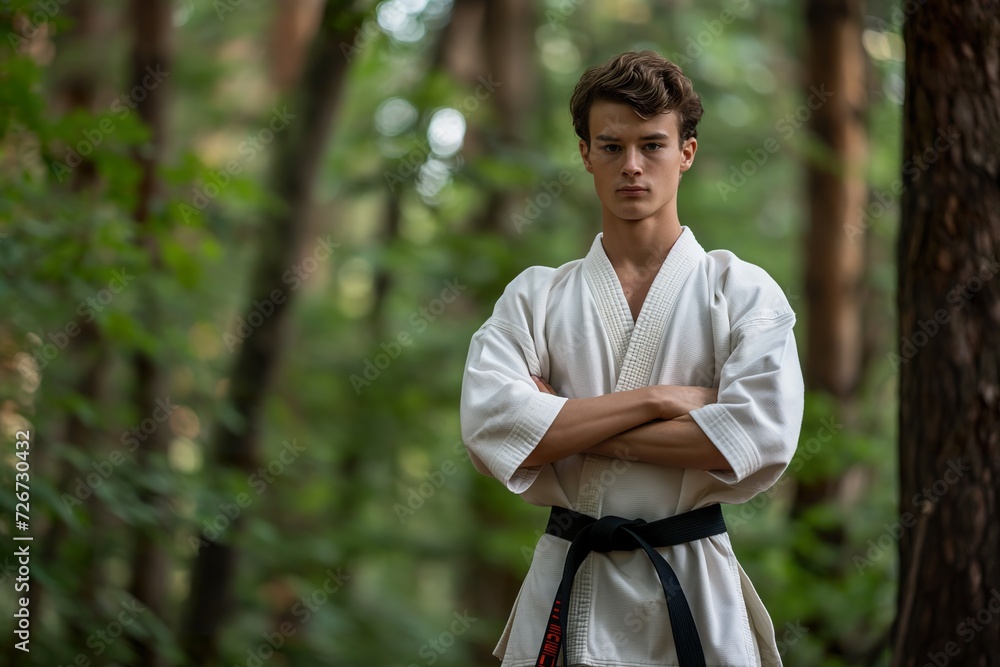 A young boy, wearing a karate kimono and black belt, poses as a winner in a forest. A young boy, wearing a karate kimono and black belt, poses as a winner in a forest.
