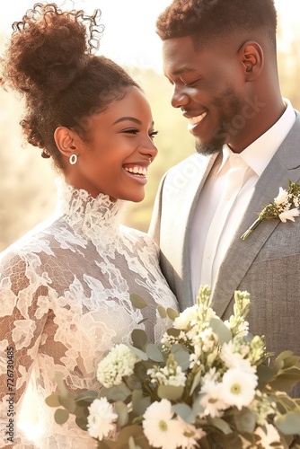 A black wedding couple, posing happy and in love.