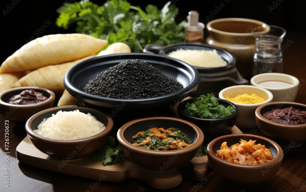 Artistic arrangement of grains, sauces, and roots, presenting a traditional culinary composition
