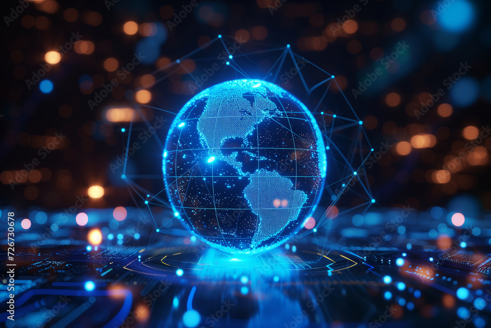 Fototapeta premium Earth's radiant blue sphere hologram floating in the cosmic expanse, surrounded by stars, symbolizing global connectivity, technological advancement.