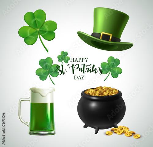 3d realistic vector icon set. St. Patrick's Day icons, clower shamrocks, green beer, cauldron with gold coins, leprechaun hat.