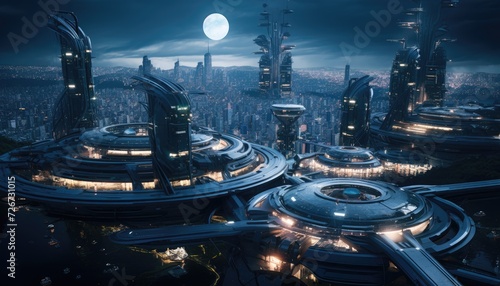 Futuristic City at Night With Full Moon