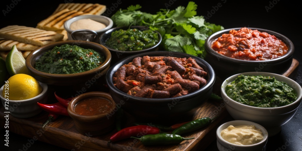 Assortment of dips and stews with accompaniments on a dark wooden board Assortment of dips and stews with accompaniments on a dark wooden board