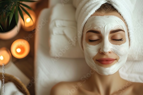 Beautiful woman applying facial mask at beauty spa salon