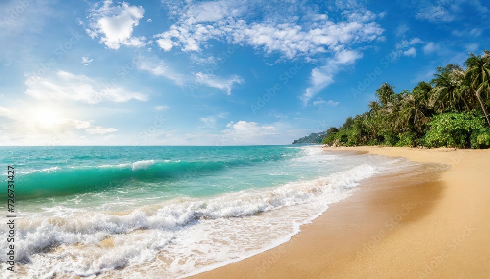 Beautiful tropical wave of summer sea surf. Soft turquoise blue ocean wave on the golden sandy beach. Beautiful tropical wave of summer sea surf. Soft turquoise blue ocean wave on the golden sandy beach.