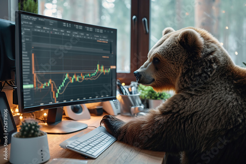 Big bear sitting near computer screen with red stock market. Bear market photo