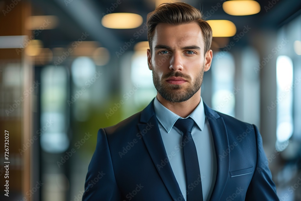 Naklejka premium Portrait of handsome businessman in suit looking at camera in the office