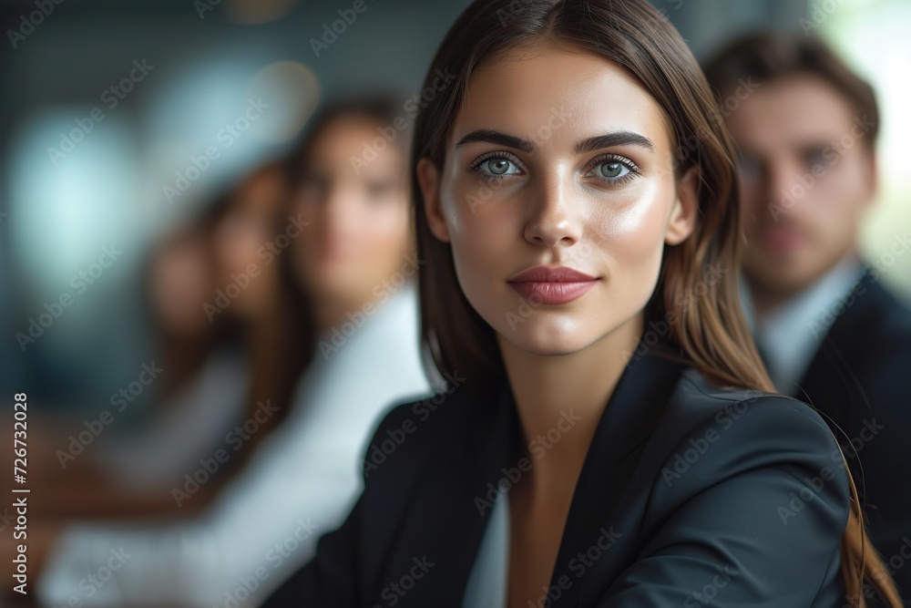 Businesswoman discussing with colleagues in conference room during meeting at office Businesswoman discussing with colleagues in conference room during meeting at office