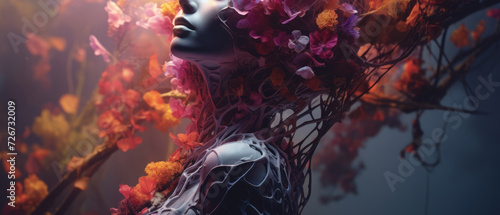 Illustration of a beautiful girl covered with roots and flowers photo