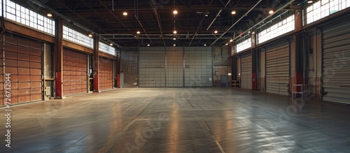 Spacious and vacant warehouse, loading dock doors.