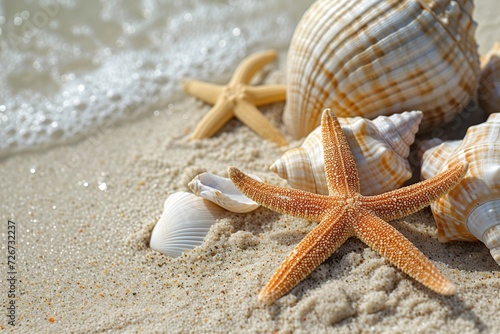 Seashells and starfish on sandy beach with ocean water