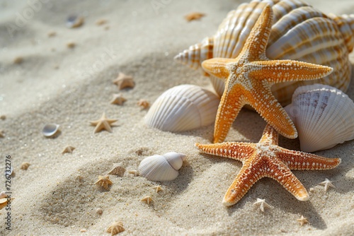 Seashells and starfish on sandy beach