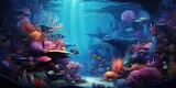 Tropical sea fishes and coral reefs, underwater landscape wildlife. Colorful marine panorama, wallpaper illustration Generative A