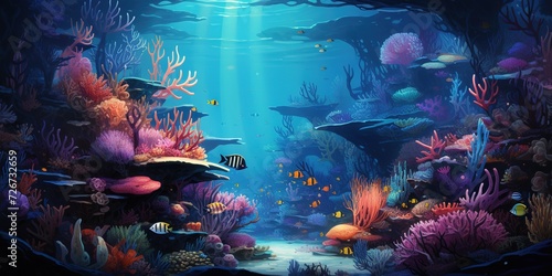 Tropical sea fishes and coral reefs, underwater landscape wildlife. Colorful marine panorama, wallpaper illustration Generative A © Iaroslav Lazunov