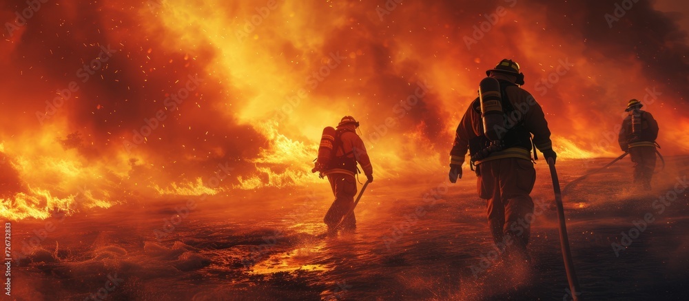 Fototapeta premium Courageous firefighters traverse the open area with heavy fire hoses, symbolizing their preparedness to face the blazing inferno.