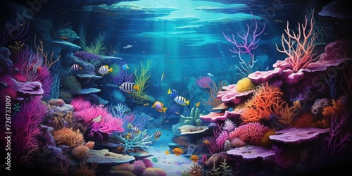 Colorful fish swimming around beautiful corals under the sea  underwater landscape wildlife. Colorful marine panorama  wallpaper illustration Generative AI