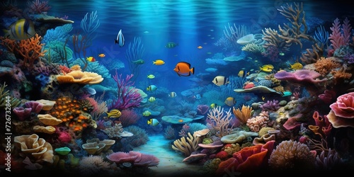 Colorful corals and exotic fish, underwater coral reef panoramic background, marine life ecosystem wallpaper illustration Generative AI