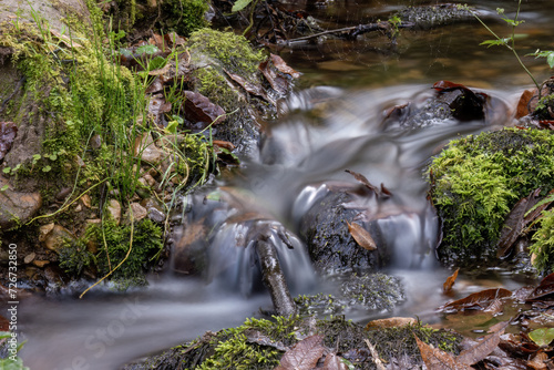 Long-exposure photograph of the stream and mossy rocks of a creek in the hillside of the Iguaque mountain, in the eastern central Andes of Colombia. photo