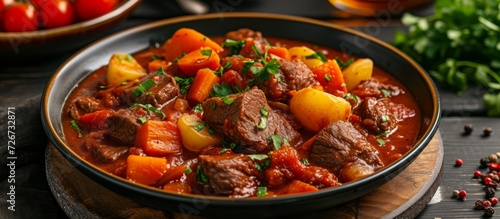 Hungarian beef goulash made with potatoes, carrots, tomatoes, and bell pepper.