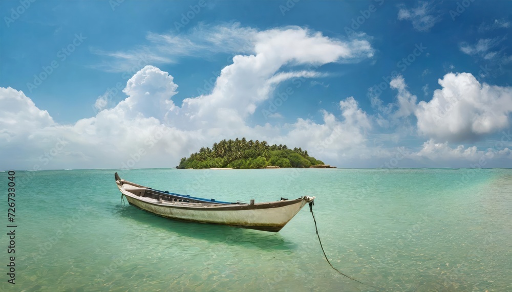 Naklejka premium High-quality photo Boat in turquoise ocean water against blue sky with white clouds and tropical island. Natural landscape for summer vacation, panoramic view.