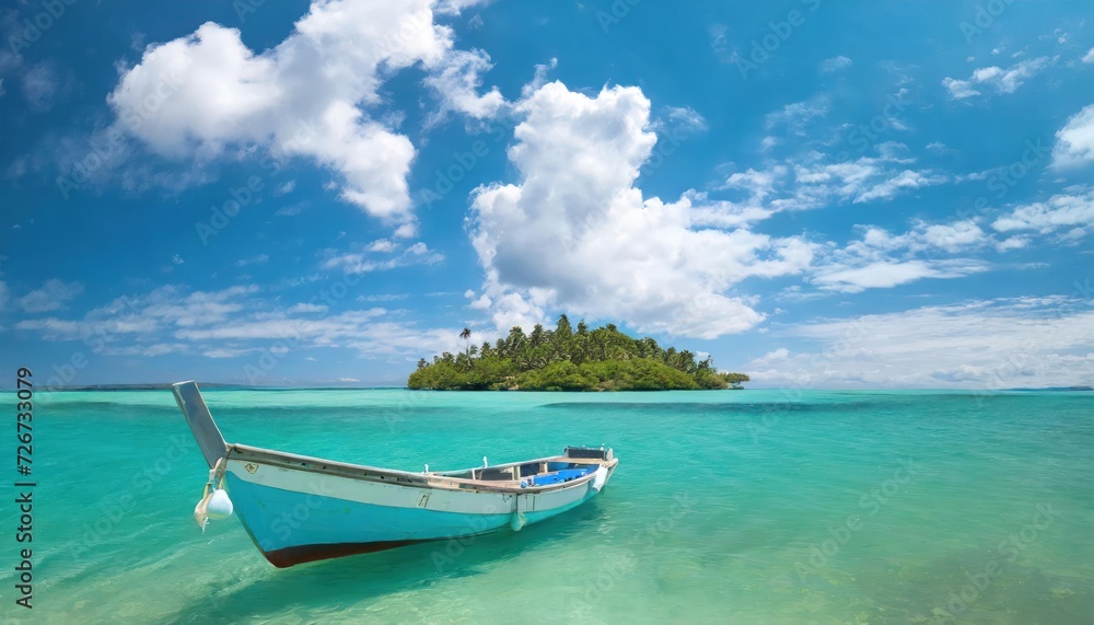 High-quality photo Boat in turquoise ocean water against blue sky with white clouds and tropical island. Natural landscape for summer vacation, panoramic view. High-quality photo Boat in turquoise ocean water against blue sky with white clouds and tropical island. Natural landscape for summer vacation, panoramic view.