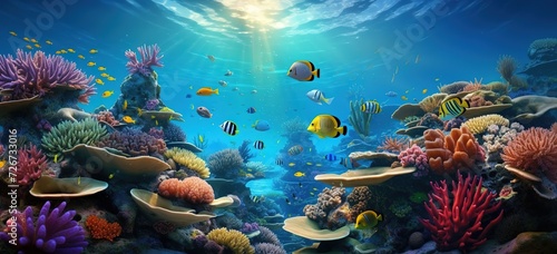 Colorful corals and exotic fish, underwater coral reef panoramic background, marine life ecosystem wallpaper illustration Generative AI