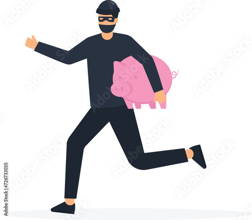 Financial crime and stealing money, investment risk or banking security concept, Man with black mask bandit costume or thief stealing or carrying piggy bank away concept,
