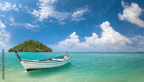 High-quality photo Boat in turquoise ocean water against blue sky with white clouds and tropical island. Natural landscape for summer vacation  panoramic view.