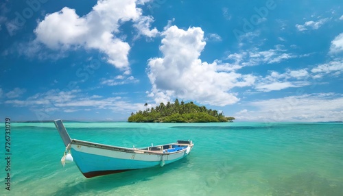 High-quality photo Boat in turquoise ocean water against blue sky with white clouds and tropical island. Natural landscape for summer vacation, panoramic view. © blackdiamond67