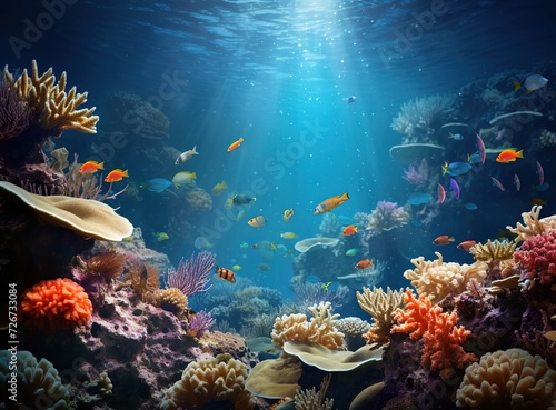 Colorful fish swimming around beautiful corals under the sea, underwater landscape wildlife. Colorful marine panorama, wallpaper illustration Generative AI