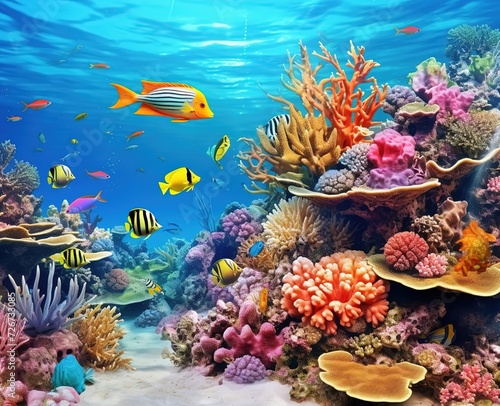 Colorful corals and exotic fish  underwater coral reef panoramic background  marine life ecosystem wallpaper illustration Generative AI