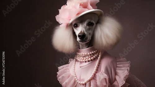 Portrait of a dog dressed in Victorian clothes. Vintage fashion portrait of a dog