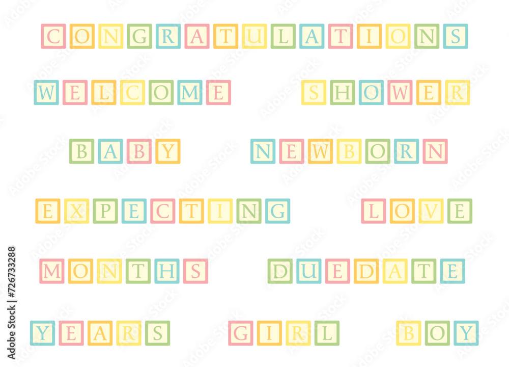 A set of toy blocks spelling out baby themed words
A set of toy blocks spelling out baby themed words