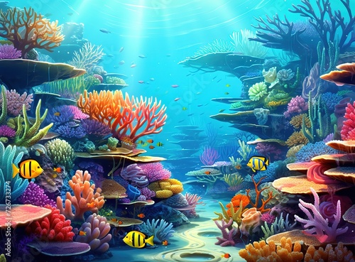 Colorful corals and exotic fish, underwater coral reef panoramic background, marine life ecosystem wallpaper illustration Generative AI