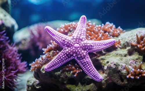 Starfish on colorful background of underwater reef landscape, colorful fish, starfish, sponge coral, underwater sea life illustration Generative AI © Iaroslav Lazunov