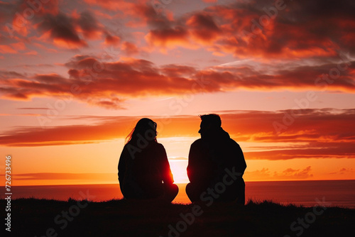 Silhouette man and woman sitting against a dramatic sunset © Ismail