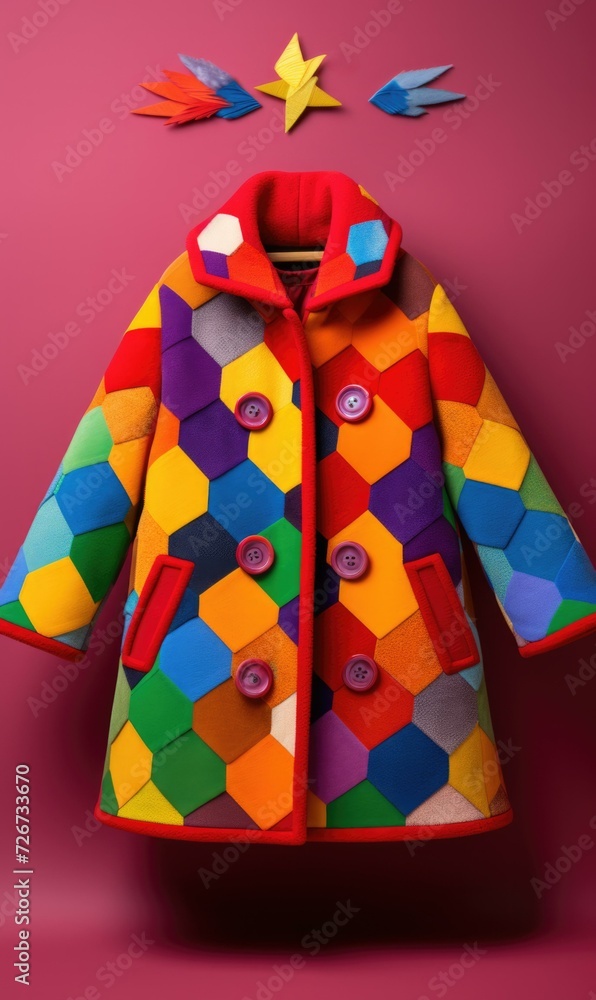 A vibrant coat with colorful geometric patterns. Generative AI.