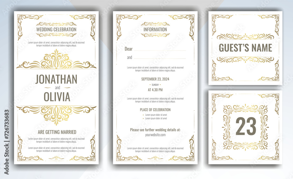 Card template luxury Wedding invitation, RSVP, save the date with golden Swirls in victorian style