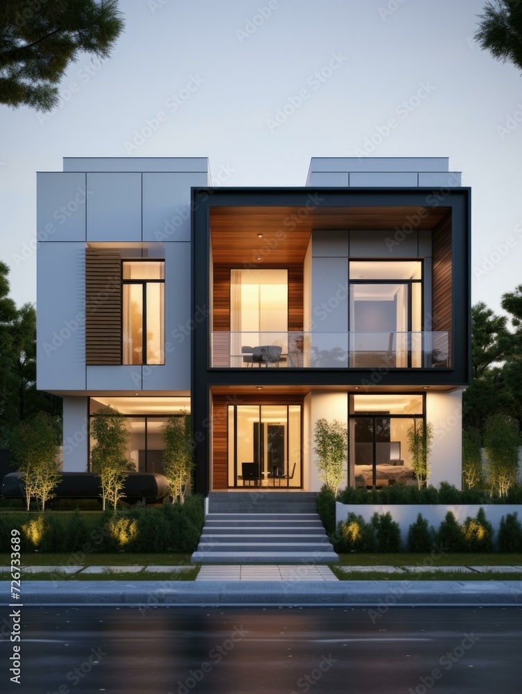 A stunning 3D rendering of a modern minimalist villa with a white, gray, and black color palette. Generative AI.