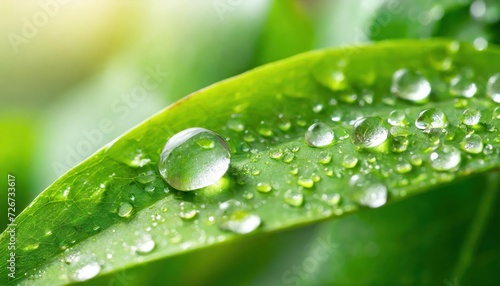 Large beautiful drops of transparent rain water on a green leaf macro. Drops of dew in the morning glow in the sun. Beautiful leaf texture in nature. Natural background.