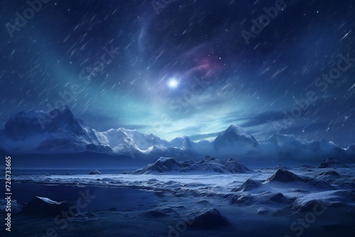Modern futuristic fantasy night landscape with abstract islands and night sky with space galaxies photo