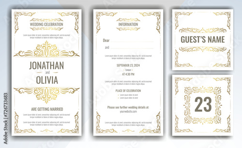 Card template luxury Wedding invitation, RSVP, save the date with golden Swirls in victorian style
