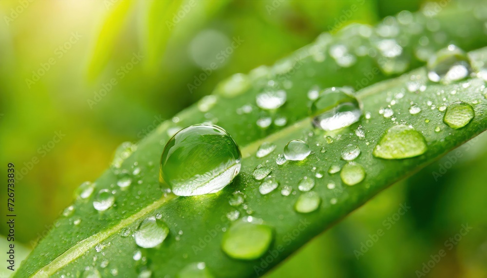 Large beautiful drops of transparent rain water on a green leaf macro. Drops of dew in the morning glow in the sun. Beautiful leaf texture in nature. Natural background.