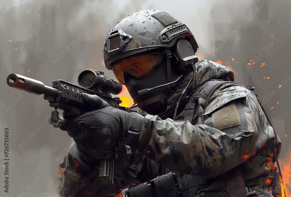 Obraz premium A soldier concealed in camouflage holds a deadly firearm, ready for combat in the outdoor battlefield, exuding violence and intensity in his helmet and ballistic vest