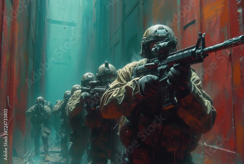A squad of soldiers, armed with a variety of weapons including rifles, guns, and machine guns, don their ballistic vests as they prepare for a high-stakes mission in an intense action-adventure game 