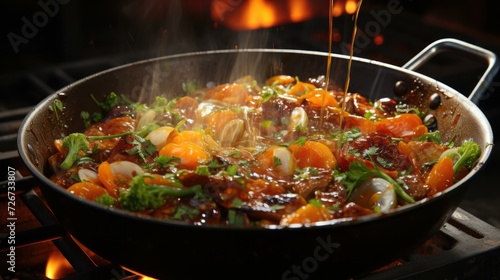 A pan with food being cooked on top of an open fire. Generative AI.