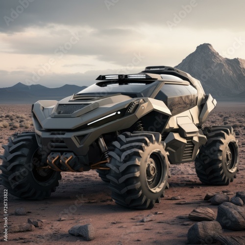 The futuristic vehicle is in the desert. Generative AI.