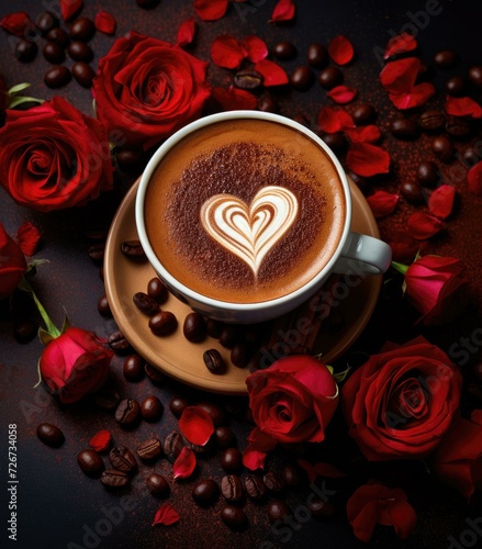 Cup of coffee with heart shape on top of coffee beans and red roses on dark background. Generative AI.